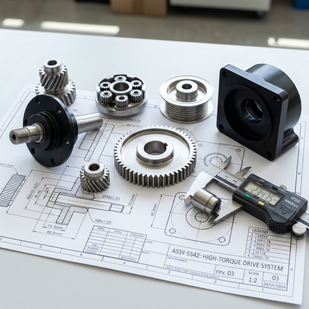 CNC Dik İşleme ile üretilmiş parçalar ve hassas kumpas ölçümü